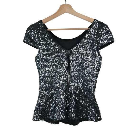 Gianni Bini Silver Gray Sequined Peplum Top Size X-Small - Picture 2 of 8